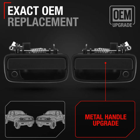 Toyota Tacoma Exterior Front Driver And Passenger Door Handle Set For Front Left And Right Upgraded Metal Textured Black OEM Replacement For 1995 2004 Models Built Tough And Easy Install, OEM upgrade, black metal, side by side view, spring detail