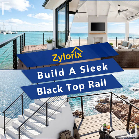 Tough As Nails 8 Foot Marine Grade Stainless Steel Black Handrail For Cable Railing Systems, outdoor deck and stair views.