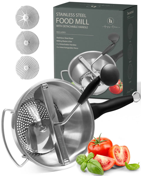 Compact Stainless Steel Food Mill with Three Discs Ergonomic Rotary Hand Crank and Removable Handles for Tomato Sauce