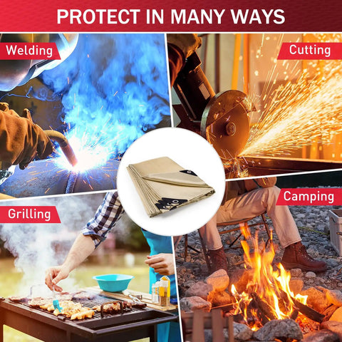 Two Pack 4x6 Ft Welding Blankets in use for welding, cutting, grilling, and camping, made from Beefy Heavy Duty Fiberglass Heat Resistant Fabric