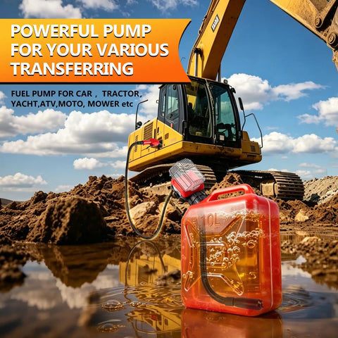 Cordless Fuel Transfer Pump 5 GPM With Auto Stop And Hand Nozzle by a construction vehicle, with Milwaukee battery attached