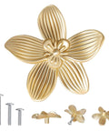 8 Pack 2.4 Inch Brushed Gold Flower Cabinet Knobs With Three Screw Sizes, Vintage Floral Drawer Pulls, shown with screws and components