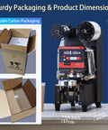Fully Automatic Electric Cup Sealer With LCD Control Panel and packaging dimensions shown