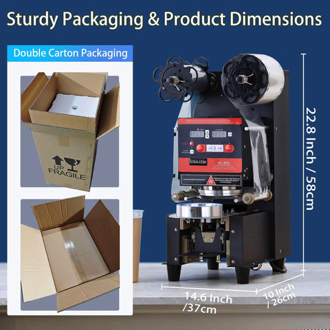 Fully Automatic Electric Cup Sealer With LCD Control Panel and packaging dimensions shown