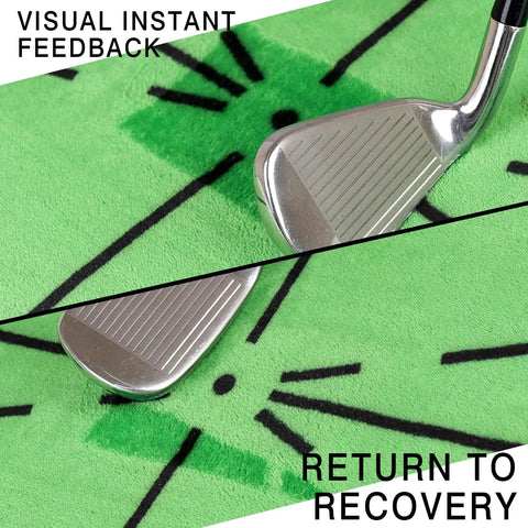 Pro Grade Golf Hitting Mat With Path Feedback To Improve Swing Accuracy showing club position on velvet grass surface.