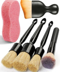 Six Piece Car Detailing Brush Set With Ultra Soft Boar Hair Detail Brushes For Wheels Air Vents Leather Seats And Interior Exterior Cleaning Safe For Cars Trucks SUVs RVs And Motorcycles The Ultimate Auto Detailing Kit with boar hair brushes, sponge, and dusting brush.