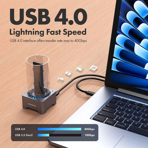 Straight Fire USB4 40Gbps M.2 NVMe SSD Enclosure Docking Station on wooden table connected to laptop, featuring USB 4.0 interface.