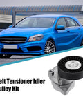 Mercedes-Benz Serpentine Drive Belt Tensioner Pulley And Idler Pulley Belt Assembly shown with blue car