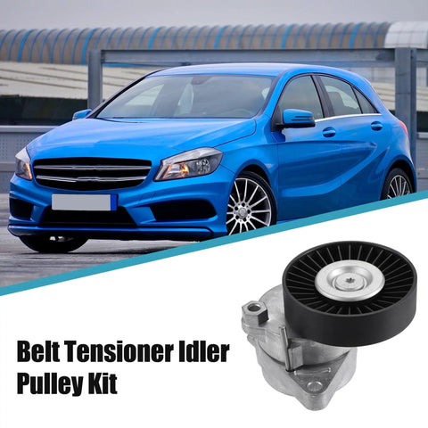 Mercedes-Benz Serpentine Drive Belt Tensioner Pulley And Idler Pulley Belt Assembly shown with blue car