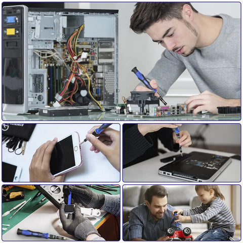 Collage showing multiple uses of the 79 In 1 Magnetic Screwdriver Kit With 58 Bits And Anti Static Wrist Strap For Electronics Repair