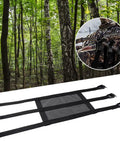 Adjustable Tree Stand Seat Replacement 16 By 12 Inches for climbing and ladder tree stands, in forest setting, nylon mesh material.