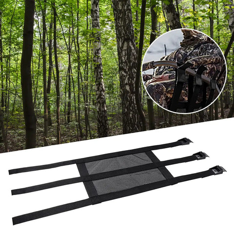 Adjustable Tree Stand Seat Replacement 16 By 12 Inches for climbing and ladder tree stands, in forest setting, nylon mesh material.