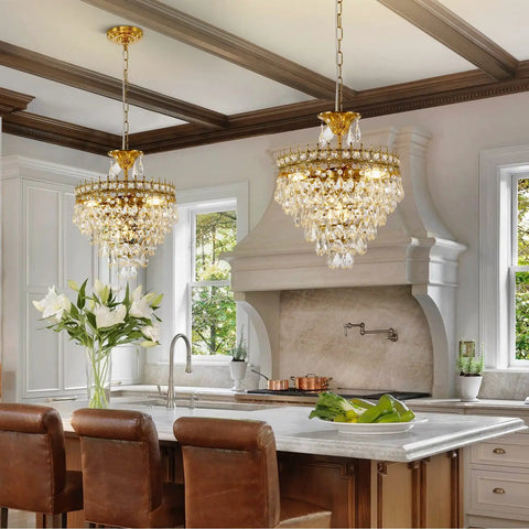 Modern Crystal Chandelier Round Gold Pendant Light Fixture For Living Room Dining Room Foyer And Bedroom, Luxury K9 Crystal Lighting