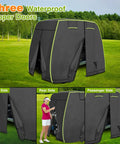 Universal 2 To 4 Passenger Golf Cart Cover With Reflective Strips All Weather Protection Waterproof Snowproof Windproof Sunproof Fits Most Major Golf Carts 112 Inch Long 48 Inch Wide 67 Inch High For Extended Roof Models No Fuss, shown with three waterproof zipper doors on a golf course.