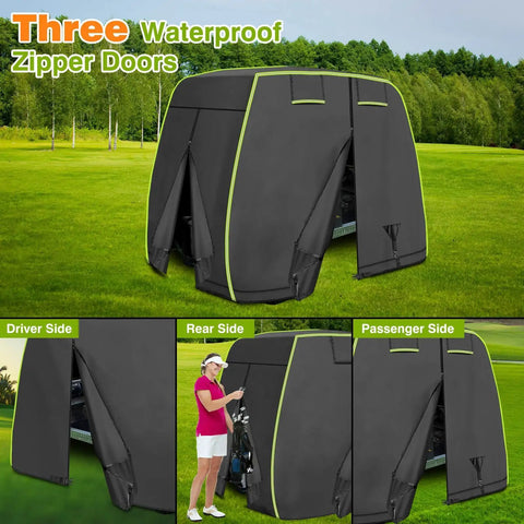 Universal 2 To 4 Passenger Golf Cart Cover With Reflective Strips All Weather Protection Waterproof Snowproof Windproof Sunproof Fits Most Major Golf Carts 112 Inch Long 48 Inch Wide 67 Inch High For Extended Roof Models No Fuss, shown with three waterproof zipper doors on a golf course.