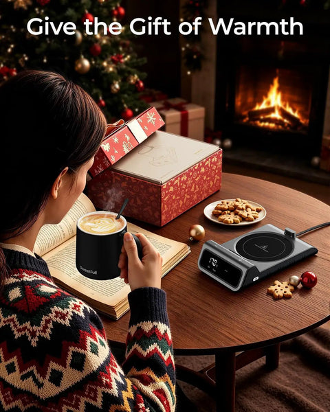 Keep Your Favorite Coffee Popping Hot All Day With Smart Infrared Mug Warmer Set Boasting Pinpoint Temp Tuning displayed on cozy desk.