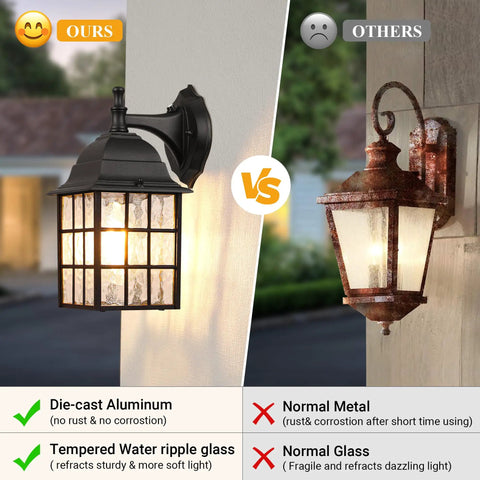 Comparison of Dusk To Dawn Outdoor Wall Lights 2-Pack With Sensor Exterior Fixtures showing black sconce with water ripple glass vs corroded metal