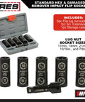Damaged Lug Nut Flip Socket Set With Half Inch Drive And Three Inch Extension displayed with sockets and storage case