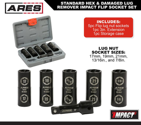 Damaged Lug Nut Flip Socket Set With Half Inch Drive And Three Inch Extension displayed with sockets and storage case