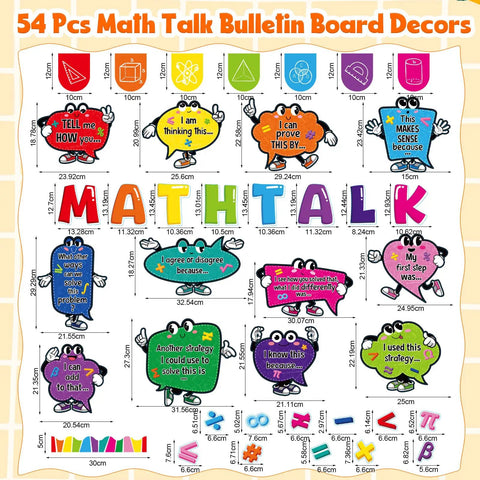 Math Talk Bulletin Board Decor Set for Teachers and Classrooms, 54 Piece Classroom Kit with cutouts, letter cards, and borders.