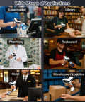 All In One 1D And 2D Barcode Scanner With Bluetooth Wireless Connectivity, Setting Keypad And LCD Display, AI Voice Feedback in use across various environments like supermarket, library, pharmacy, restaurant, hotel, and warehouse.