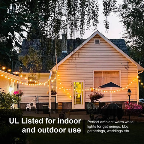 51Ft Outdoor Shatterproof LED String Lights With 18 Dimmable Bulbs, Waterproof Vintage Patio Lighting For Weddings And Parties hung across backyard.