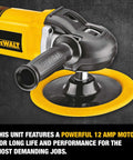 Beast Mode Heavy Duty Corded Car Buffer Polisher, yellow and black, 12 Amp motor, view of cush grip gearcase and pad