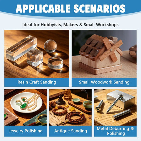 Straight Up Heavy Duty 4 In 1 Mini Disc Sander Electric Tabletop Grinder For Resin Polishing Woodworking Acrylic Plastic And Metal Crafting With Smooth Finish Chuck Mount displayed with resin and wood projects.
