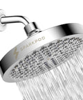 SparkPod chrome 6-inch round rain shower head, wall-mounted.