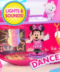 Minnie Mouse figure on the Bowdazzling Minnie Mouse Yacht Playset with Lights and Sounds, with 'Dance!' feature highlighted.