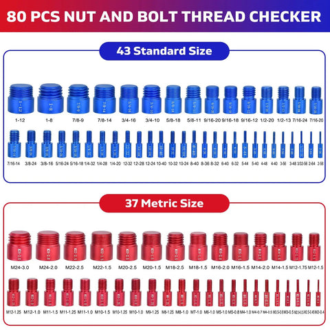 80 Piece Nut And Bolt Thread Checker Set, aluminum SAE and metric thread gauge with 43 standard and 37 metric sizes