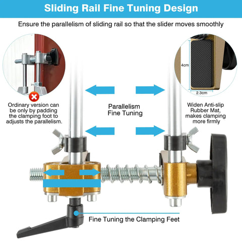 Sliding rail fine tuning design feature of mortise lock jig kit for wooden doors with tungsten carbide blades.