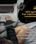 500-Watt Travel Voltage Converter Must-Have Step Down 220V To 110V And 240V To 120V For Hair Straightener Hair Dryer Laptops And Chargers CE Certified With A Three-Year Warranty shown near a laptop.