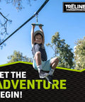 Child using Roller Adventure Slackline Kit For Kids 36 Ft With Ninja Course Attachment And T Bar Ride Backyard Zip Line Kit