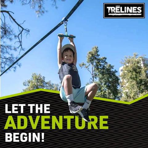 Child using Roller Adventure Slackline Kit For Kids 36 Ft With Ninja Course Attachment And T Bar Ride Backyard Zip Line Kit