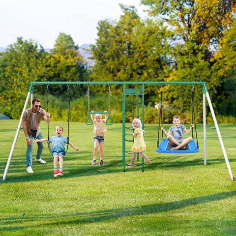 Kids enjoying a backyard swing set with monkey bars, belt swing, platform swing, climbing net, trapeze bar; durable steel frame, powder-coated finish.