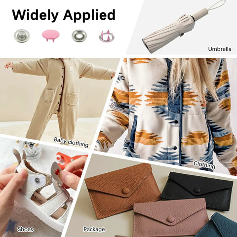Various applications of 240 Piece Snaps Button Fastener Kit With Hollow And Solid Prong Snaps for DIY clothes, hats, bags.