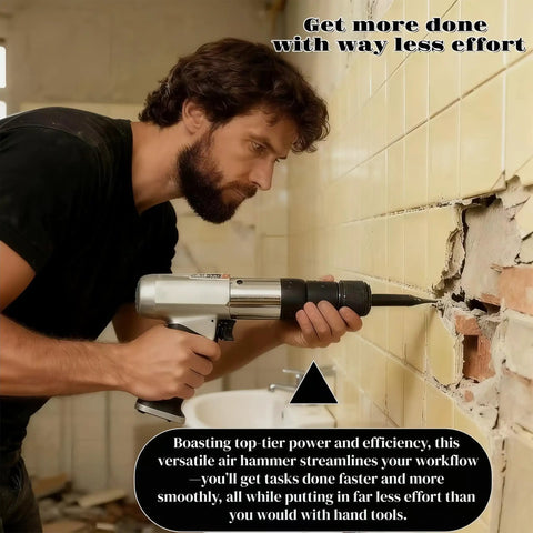 Man using Beast Mode Heavy Duty Air Hammer Kit With 13 Attachments for tile demolition in a bathroom wall