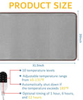 110V Heated Floor Mat Foot Warmer Under Desk 31.5 By 20 Inch Electric Heating Pad displaying size, features, and remote control