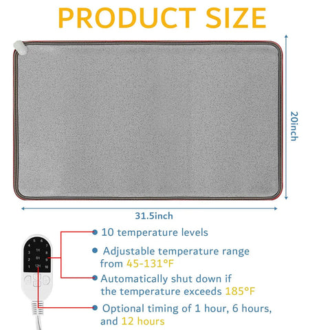 110V Heated Floor Mat Foot Warmer Under Desk 31.5 By 20 Inch Electric Heating Pad displaying size, features, and remote control