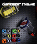 Engine Oil Funnel Kit with Spill Proof Design and Flow Control Valve shown with colorful adapters on storage board