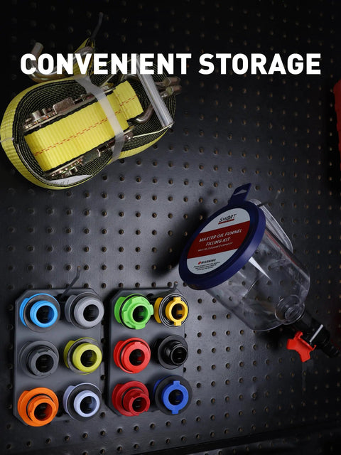 Engine Oil Funnel Kit with Spill Proof Design and Flow Control Valve shown with colorful adapters on storage board
