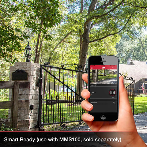 Person holding smartphone to control Game Changing Solar Automatic Gate Opener Designed For Heavy Duty Outdoor Chain Link And Wood Gates Up To Sixteen Feet With Slick Remote Controller Full System Kit.
