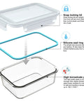Glass Meal Prep Containers Set With Lids 18 Piece Storage Containers showing snap lock lid, silicone seal, and borosilicate glass
