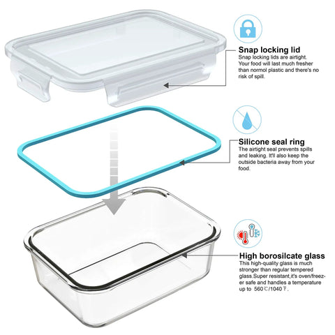 Glass Meal Prep Containers Set With Lids 18 Piece Storage Containers showing snap lock lid, silicone seal, and borosilicate glass