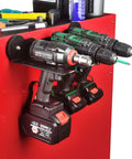 Magnetic Power Tool Organizer With 3 Slot Utility Rack, Wall Mount Heavy Duty Cordless Drill Holder And Removable Tool Tray For Garage, Workshop, And Warehouse, Keeps Tools Handy And Tidy. Red metal wall-mounted rack holding cordless drills