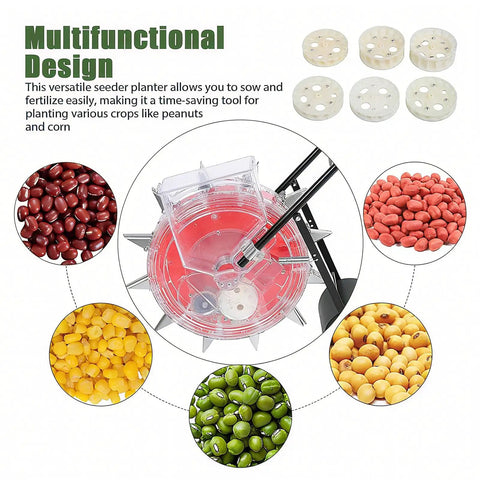 Close-up of 12 Nozzle Manual Seed Planter with 6 Seed Plates for corn and peanuts showing adjustable seeder design.