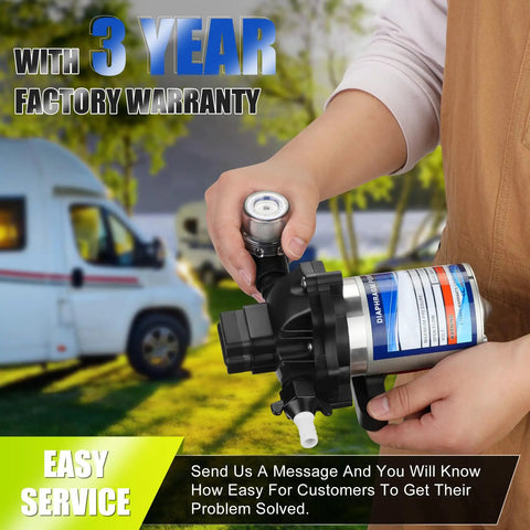 Road Ready Industrial Grade Diaphragm Water Pump With A Smooth One Hundred Fifteen Volt Motor Pushing 3.3 GPM And Forty Five PSI for RV use.