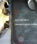 Interior view showing BMW Floor Mat Fasteners 4 Pack Replacement Clips With T Hook Anchors installed securely on velour carpet.