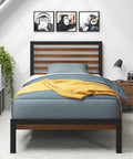 Solid Bamboo And Steel Platform Bed Frame With Sleek Headboard In Toasty Brown Twin Size in a modern bedroom setting.